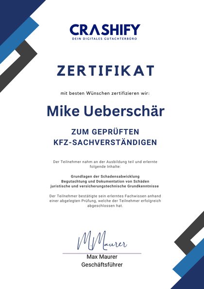 Zertifikat von Crashify: Mike Ueberschär, geprüfter Kfz-Sachverständiger