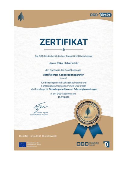 Zertifikat der DGD Deutscher Gutachter Dienst GmbH: Mike Ueberschär, zertifizierter Kooperationspartner